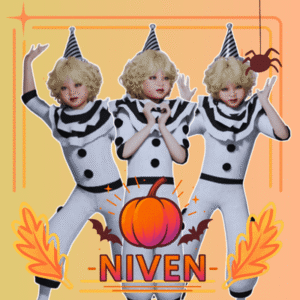 Trois personnages du jeu Les Sims 4 déguisés en astronautes pour Halloween avec une citrouille.