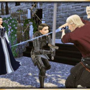 Jeu vidéo Le Sims 4 : duel médiéval entre sims dans un décor de château
