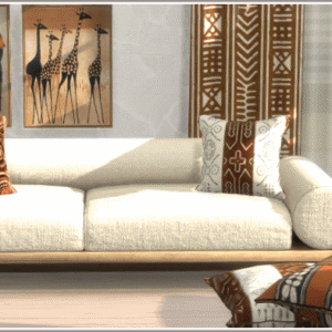 Salon style africain dans *Les Sims 4*, canapés et décorations.