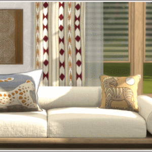 Canapé décoré style Sims 4, intérieur moderne.