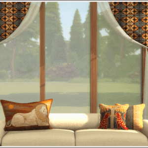 Salon du jeu *Les Sims 4* avec vue nature et décor cosy