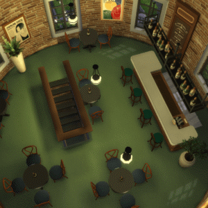 Café circulaire dans *Les Sims 4* avec sièges et décoration.