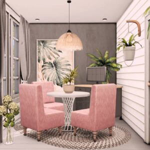 Salon extérieur style *Les Sims 4* avec plantes et mobilier pastel