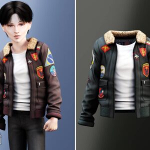 Veste militaire Sims 4 avec insignes colorés, vue de face et dos