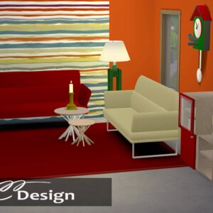 Salon moderne du jeu *Les Sims 4* avec meubles colorés