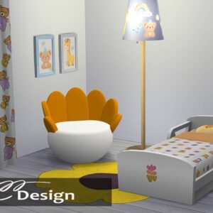 Chambre d'enfant style Sims 4 avec lit, fauteuil et décor mignon