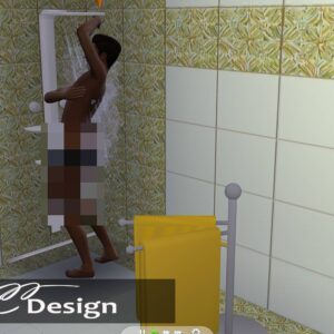 Personnage dans la douche du jeu *Les Sims 4*