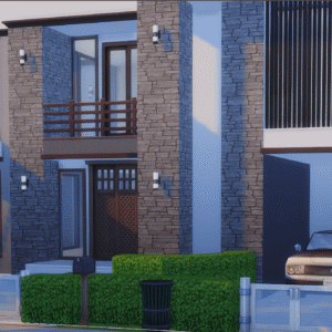 Maison moderne dans *Les Sims 4* avec voiture et jardin bien entretenu