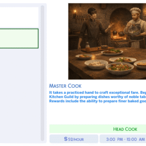 Cuisinier maître dans *Les Sims 4* : préparation de plats nobles dans une cuisine médiévale