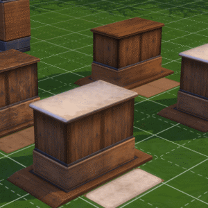 Quatre coffres en bois dans *Les Sims 4* sur grille.