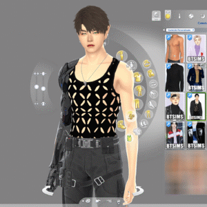 Personnage masculin stylisé dans *Les Sims 4* avec tenue futuriste