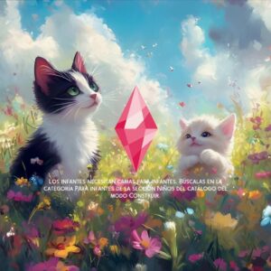 Deux chats dans un champ de fleurs, jeu Les Sims 4, mode construction.