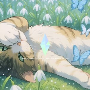 Chat endormi dans un champ de jacinthes, jeu *Les Sims 4*