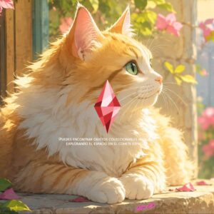 Chat long poil orange dans *Les Sims 4*, explorant avec un collier spatial.