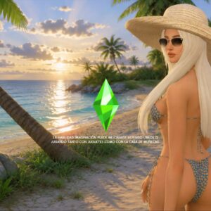 Femme en maillot de bain sur une plage paradisiaque, jeu vidéo The Sims 4