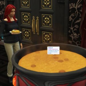 Jeu vidéo Sims 4 : personnage servant un plat près d'une marmite de soupe végétarienne.