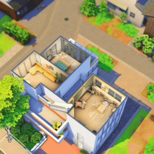 Vue aérienne d'une maison dans *Les Sims 4* avec jardin et bâtiments voisins