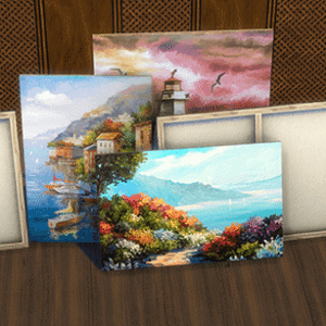 Tableau de cadres d'art virtuels pour *Les Sims 4* avec paysages et animaux.