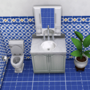 Salle de bain style Sims 4 avec toilettes, lavabo et plante.
