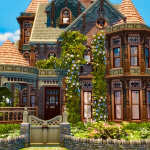 Maison de style victorien dans *Les Sims 4*, décorée avec jardin fleuri