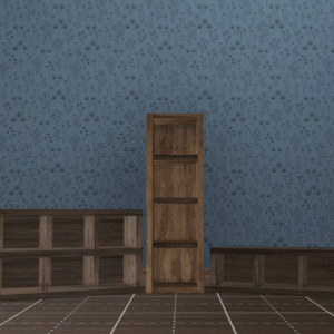 Meubles en bois du jeu *Les Sims 4*: étagères, armoire et banc