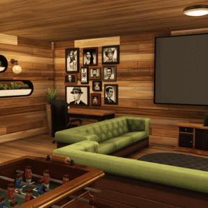 Salon style Sims 4 avec écran géant et décor vintage