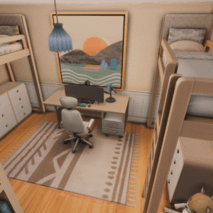 Chambre d'enfant dans *Les Sims 4* avec bureau et lits superposés