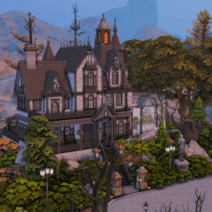 Maison gothique des Sims 4 dans un cadre montagneux