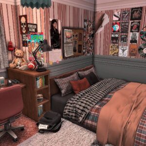 Chambre de jeu *Les Sims 4* style années 80-90, décorée avec posters et instruments.