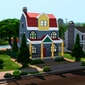 Maison colorée du jeu *Les Sims 4* avec jardin et étang