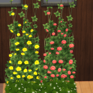 Plantes grimpantes jaunes et roses dans *Les Sims 4* près d'une façade en bois