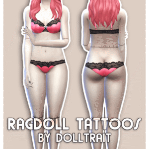 Tatouages pour poupées du jeu *Les Sims 4* par DollTrait, vue de face et dos.