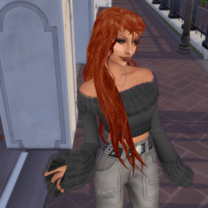 Personnage féminin aux cheveux roux dans Sims 4 devant une porte
