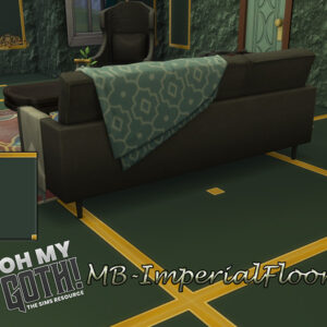 Canapé vert avec couverture à motifs dans une pièce du jeu *Les Sims 4* avec sol 'ImperialFloor'.