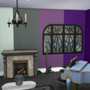 Salon gothique des Sims 4 avec cheminée, chandelier et fenêtre décorative