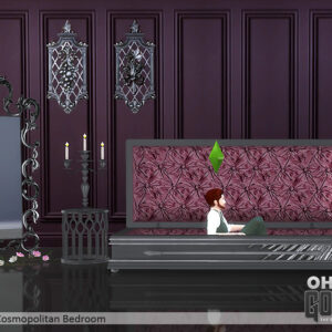 Chambre cosmopolite de Sims 4 avec lit et décoration gothique