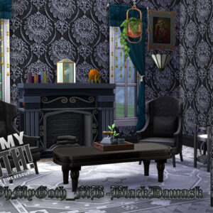 Salon gothique noir et blanc pour Sims 4, style élégant.