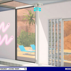 Salle de séjour futuriste du jeu *Les Sims 4* avec vue sur plage désertique