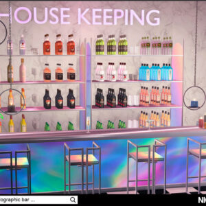 Bar holographique 'Entretien Ménager' dans *Les Sims 4* avec boissons variées