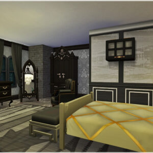 Chambre gothique dans *Les Sims 4* avec lit, armoire et décoration médiévale