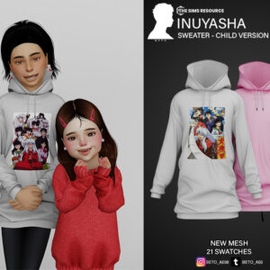 Pullover enfant Inuyasha version fille pour The Sims 4, 21 couleurs disponibles.