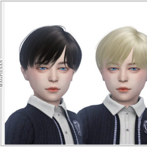 Deux avatars Sims 4, garçon aux cheveux noirs et blonds, vêtements scolaires.