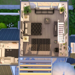 Vue aérienne d'un appartement dans *Les Sims 4* avec salon, chambre et salle de bain.