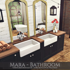 Salle de bain Mara - Style Sims 4 avec double vasque, miroir et décoration rustique