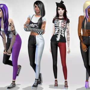 Quatre avatars stylisés du jeu *Les Sims 4* avec tatouages et tenues gothiques