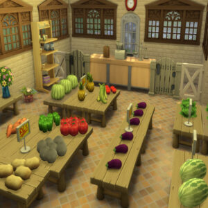 Épicerie virtuelle dans *Les Sims 4* remplie de légumes et fruits.