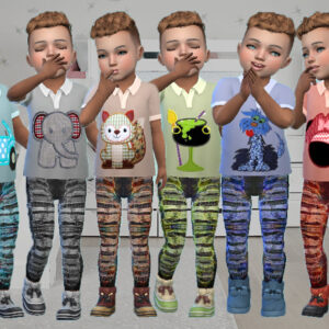 Six enfants virtuels Sims 4 en tenues colorées et accessoirisés