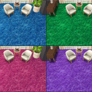 Quatre tapis colorés pour salon dans *Les Sims 4* : bleu, vert, rose et violet.