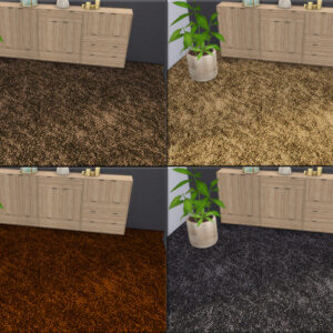 Comparaison de tapis dans une pièce *Les Sims 4* avec meuble de rangement en bois.