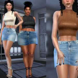 Personnages du jeu Sims 4 portant des tenues décontractées avec hauts moulants et shorts en jean